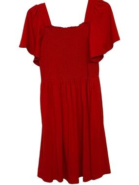 Red Smocked Bodice Flutter-Sleeve Dress - Women